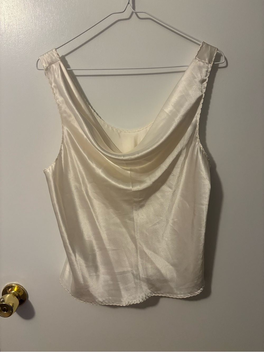Quiet Luxury EuroSummer Flirty Ivory Satin Cowl Neck Tank Top Medium
